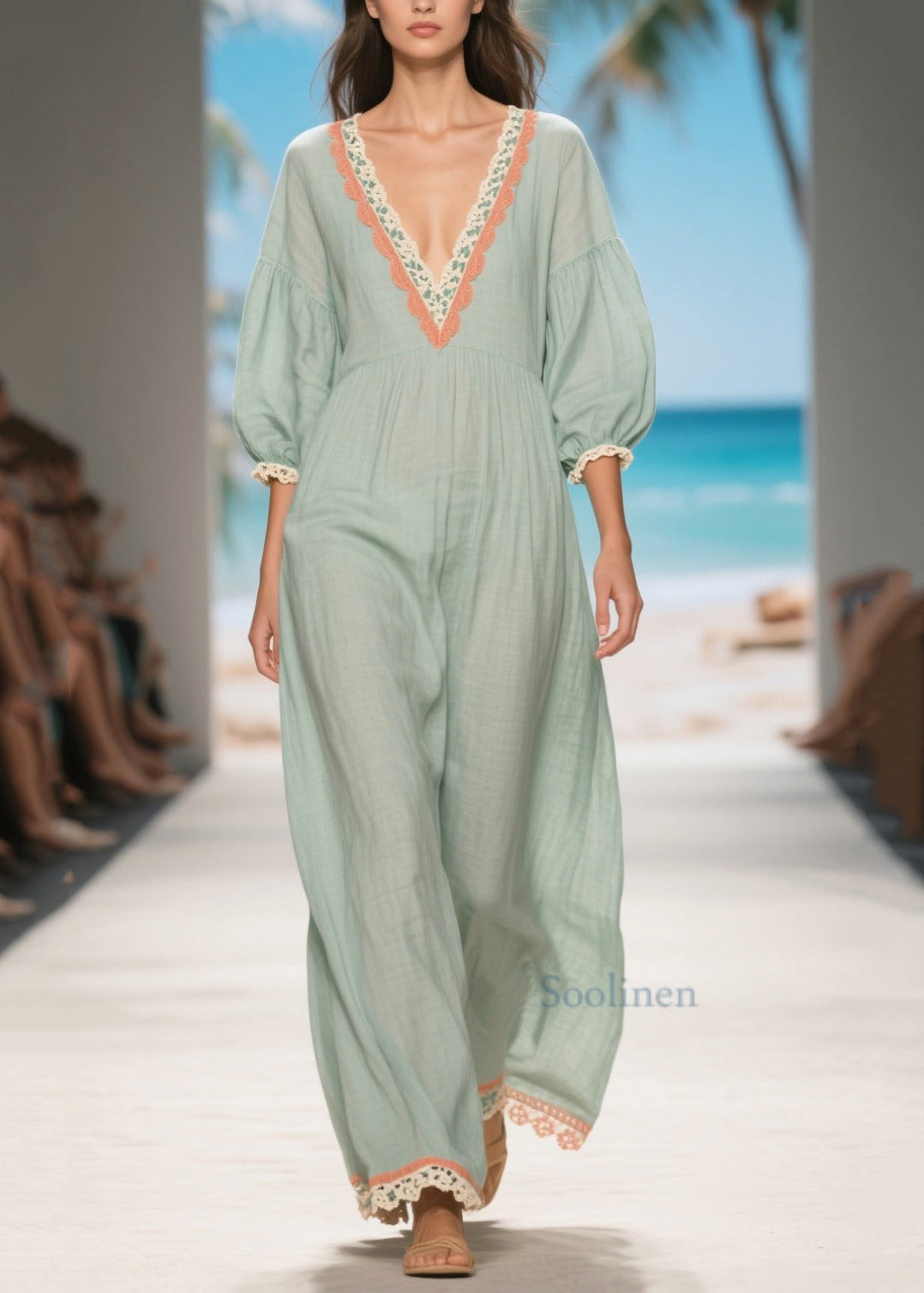 Light Blue V Neck Patchwork Lace Linen Long Dress Summer