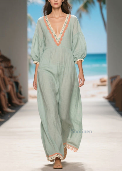Light Blue V Neck Patchwork Lace Linen Long Dress Summer