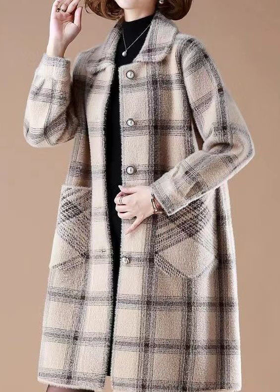 Light Camel Peter Pan Collar Pockets Plaid Mink Hair Knitted Coats Winter