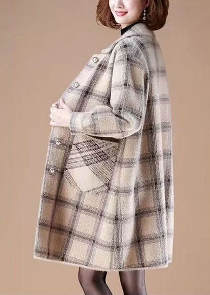 Light Camel Peter Pan Collar Pockets Plaid Mink Hair Knitted Coats Winter