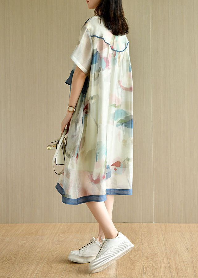 Light Green Asymmetrical Design Print Silk Loose Dresses Short Sleeve