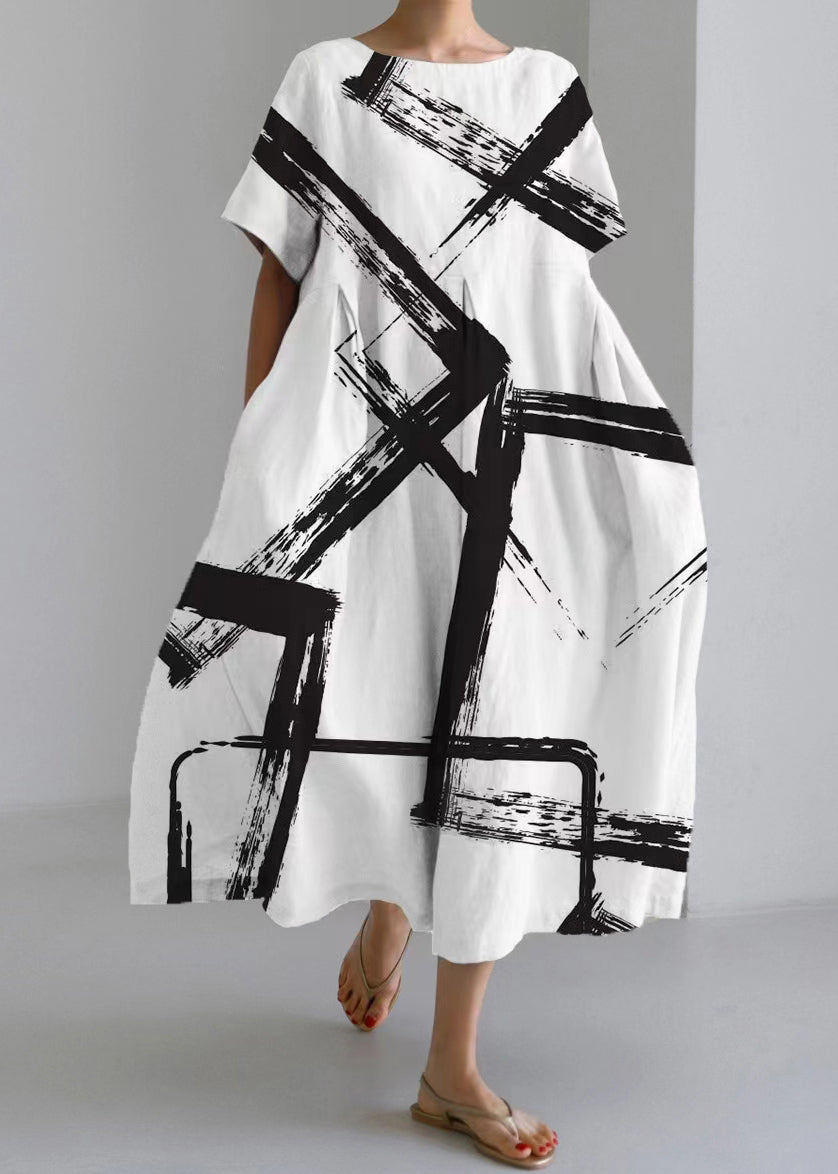 Light Green O-neck Print Long Dresses Short Sleeve