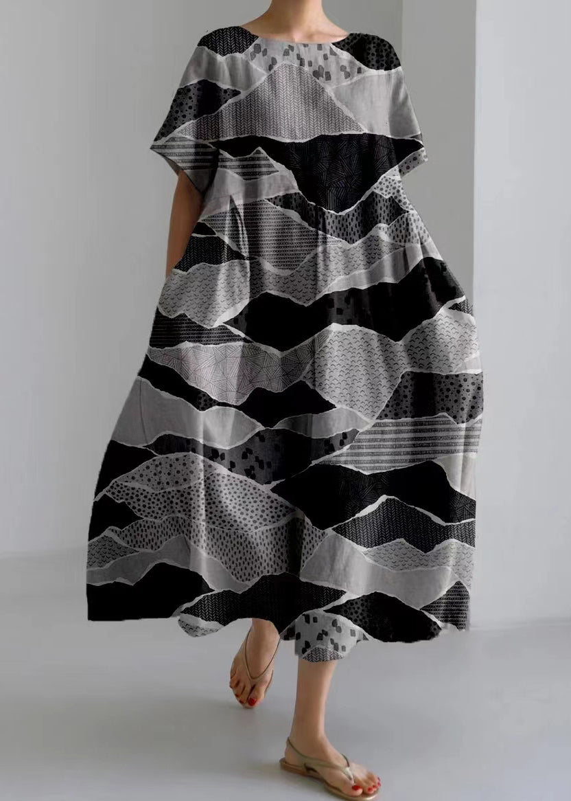 Light Green O-neck Print Long Dresses Short Sleeve