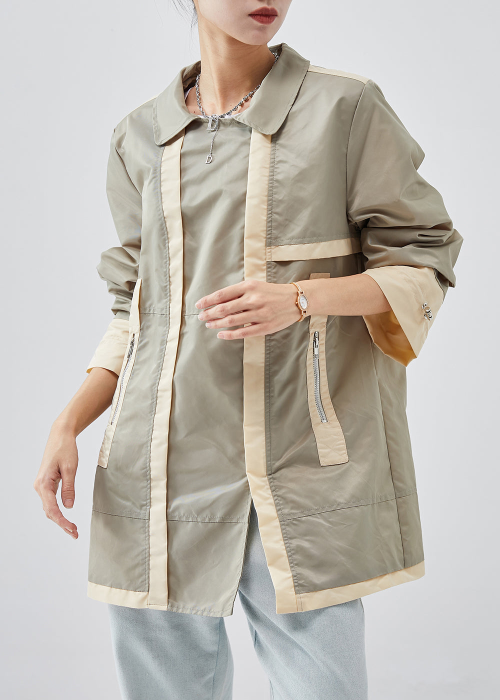 Light Green Zip Up Patchwork Cotton Trench Spring