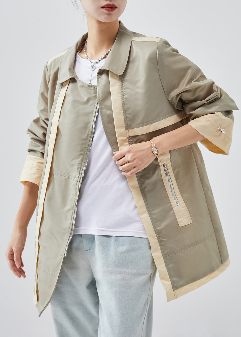 Light Green Zip Up Patchwork Cotton Trench Spring