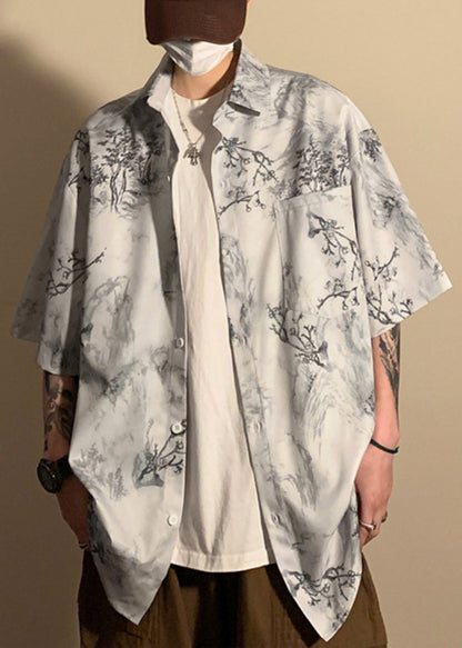Light Grey Button Print Pockets Ice Silk Shirt Half Sleeve
