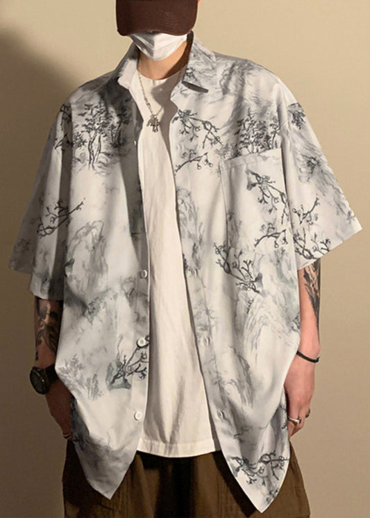 Light Grey Button Print Pockets Ice Silk Shirt Half Sleeve