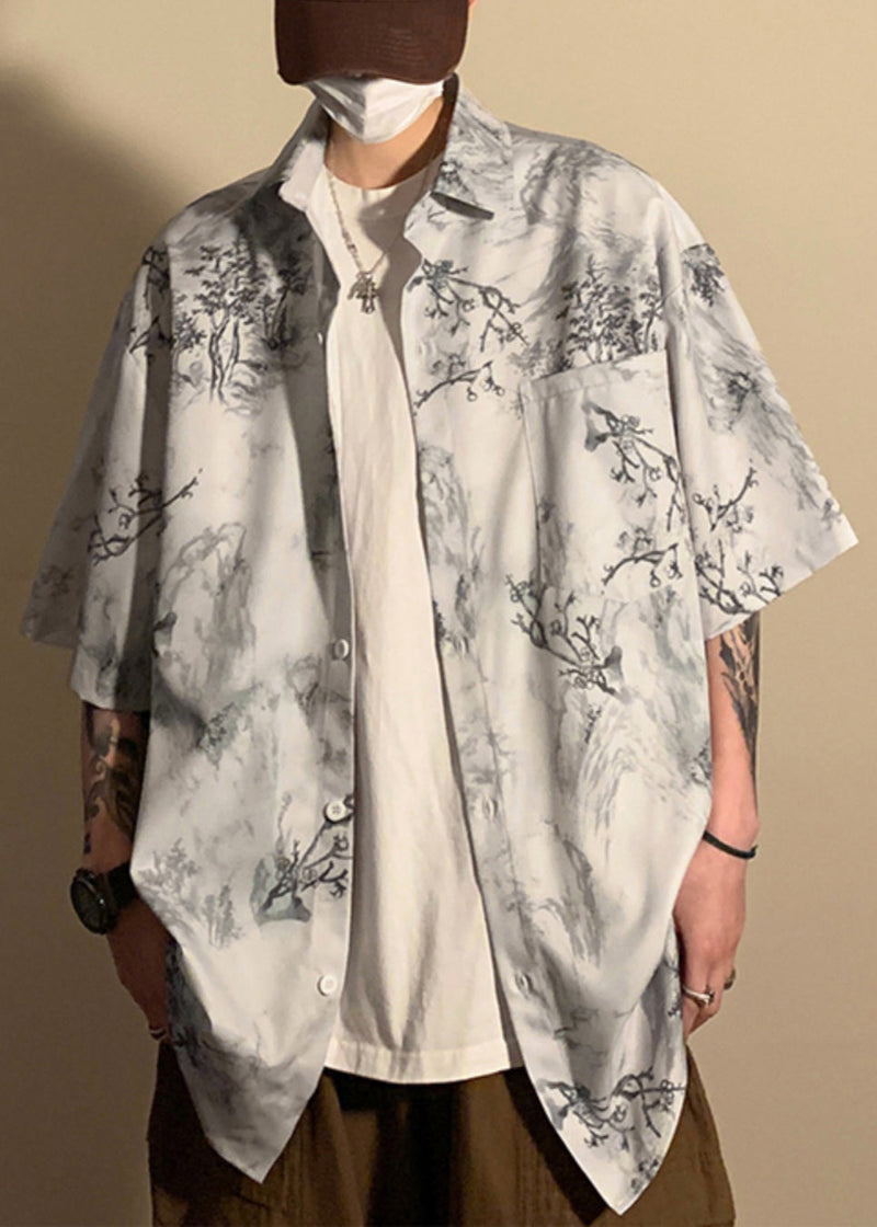 Light Grey Button Print Pockets Ice Silk Shirt Half Sleeve