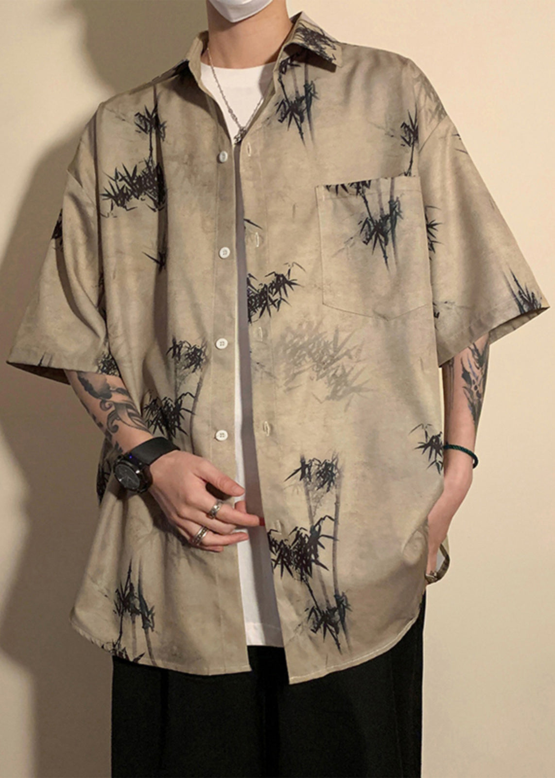 Light Grey Button Print Pockets Ice Silk Shirt Half Sleeve