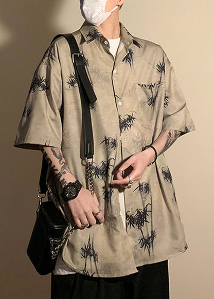 Light Grey Button Print Pockets Ice Silk Shirt Half Sleeve