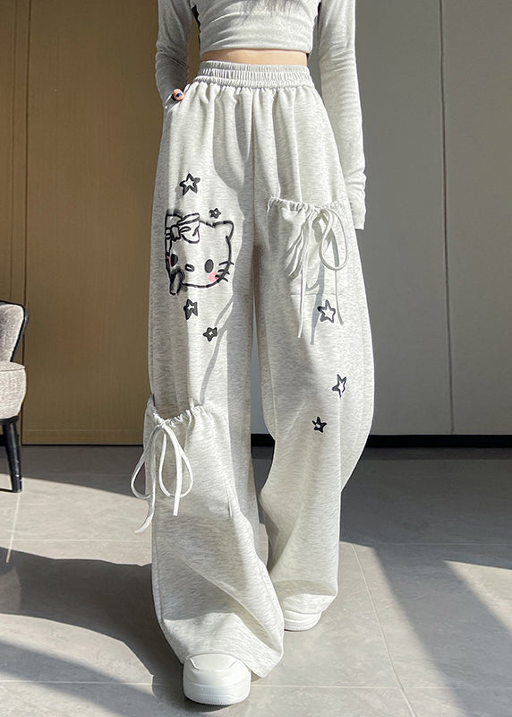 Light Grey Elastic Waist Print Pockets Cotton Pants Spring