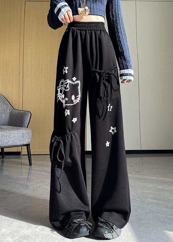 Light Grey Elastic Waist Print Pockets Cotton Pants Spring