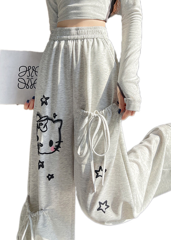 Light Grey Elastic Waist Print Pockets Cotton Pants Spring