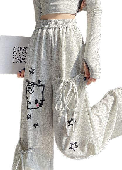 Light Grey Elastic Waist Print Pockets Cotton Pants Spring