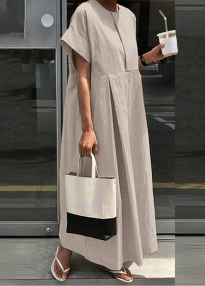Light Grey O-neck Patchwork Robe Dresses Short Sleeve