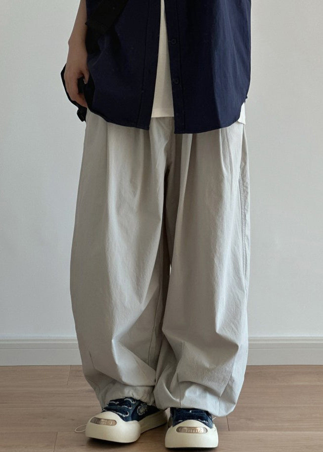 Light Grey Pockets Drawstring Cotton Wide Leg Pants Summer