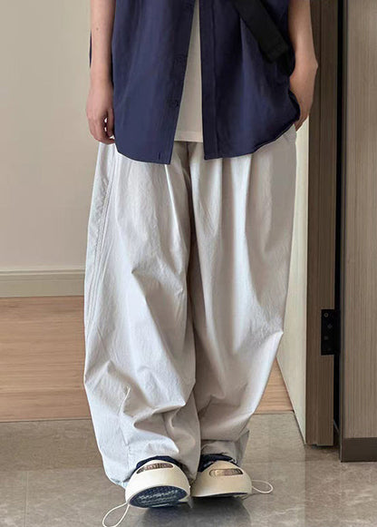 Light Grey Pockets Drawstring Cotton Wide Leg Pants Summer