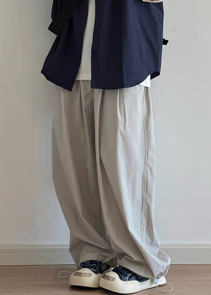 Light Grey Pockets Drawstring Cotton Wide Leg Pants Summer