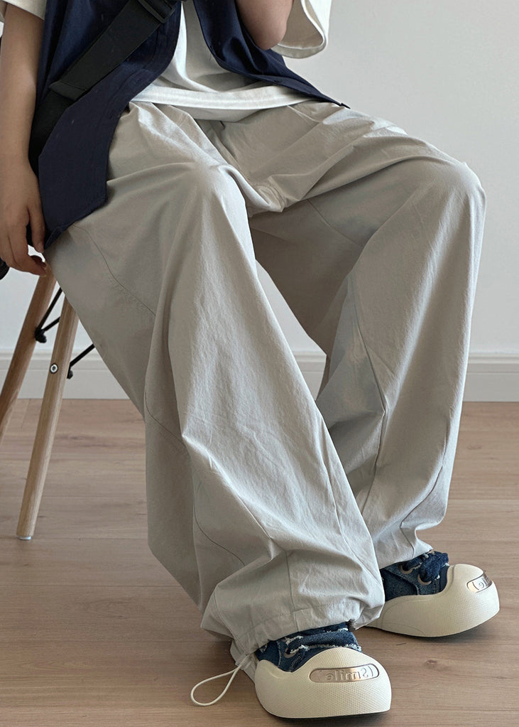 Light Grey Pockets Drawstring Cotton Wide Leg Pants Summer