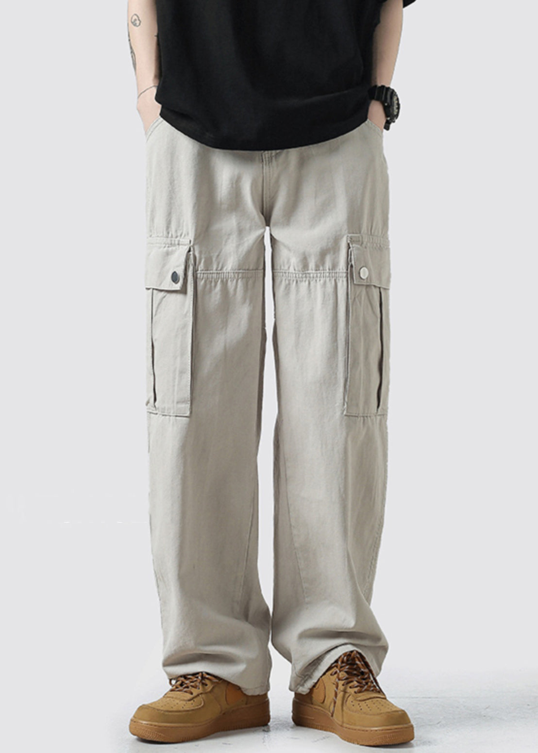 Light Grey Pockets High Waist Cotton Crop Pants Spring