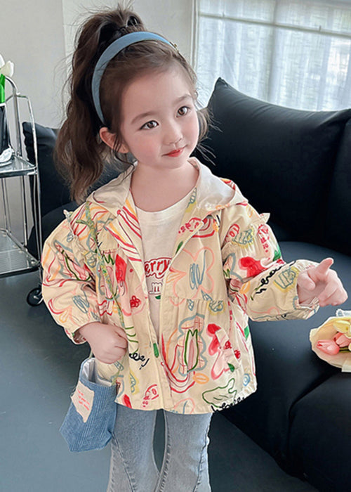 Light Khaki Hooded Print Pockets Cotton Coat Fall