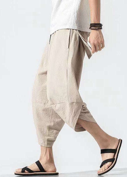 Light Khaki Striped Elastic Waist Cotton Crop Pants Summer