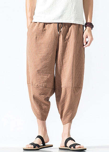 Light Khaki Striped Elastic Waist Cotton Crop Pants Summer