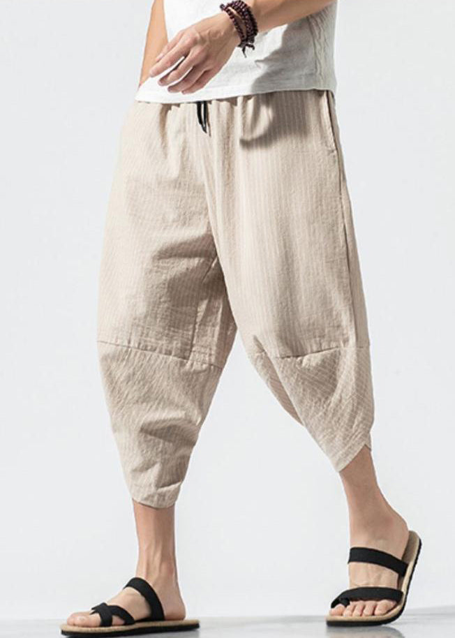 Light Khaki Striped Elastic Waist Cotton Crop Pants Summer