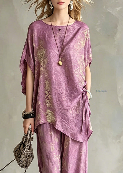 Light Purple Asymmetrical Tie Waist Silk T Shirts and Wide Leg Pants Two Pieces Set Short Sleeve