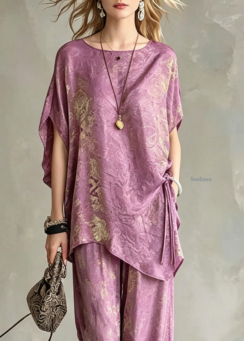Light Purple Asymmetrical Tie Waist Silk T Shirts and Wide Leg Pants Two Pieces Set Short Sleeve