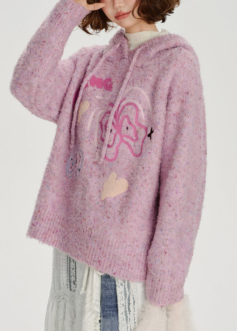 Light Purple Hooded Jacquard Knit Loose Sweatshirt Winter