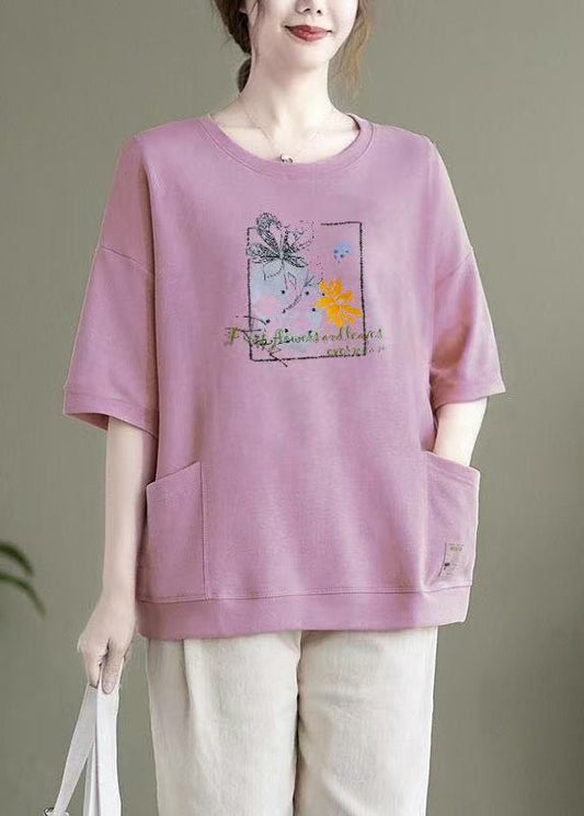 Light Purple O Neck Pockets Patchwork Cotton Top Summer