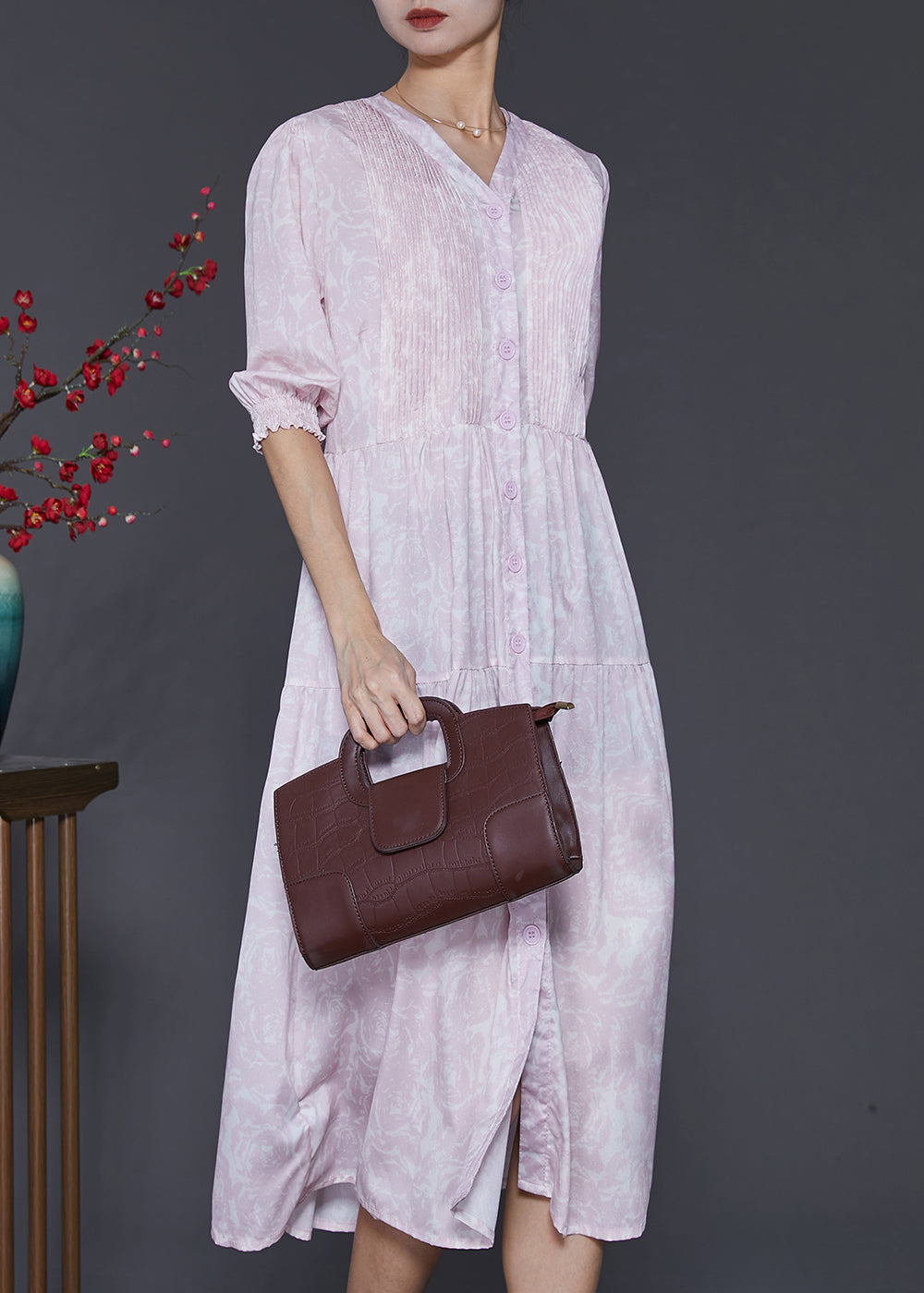 Light Purple Print Wrinkled Cotton Dress Summer