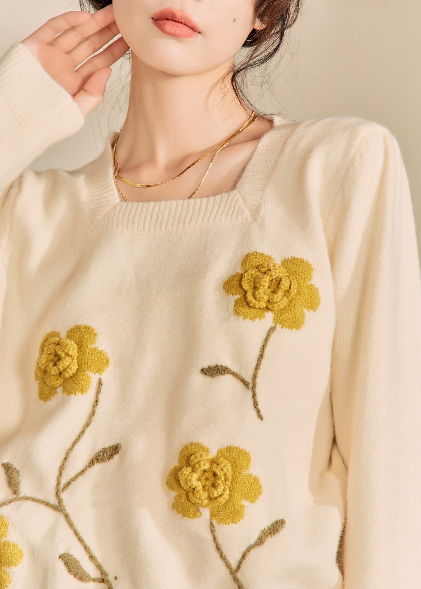 Light Yellow Square Collar Cotton Knit Sweaters Spring