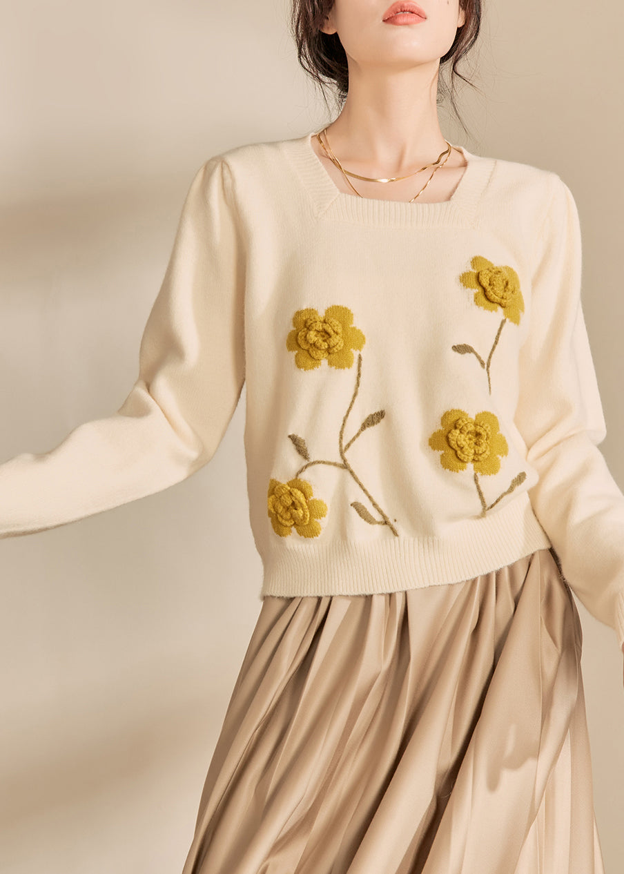 Light Yellow Square Collar Cotton Knit Sweaters Spring