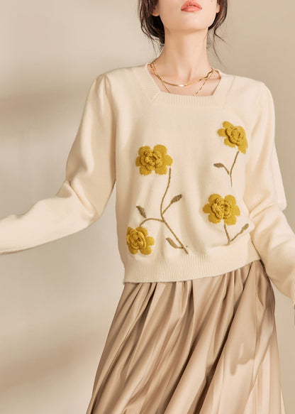 Light Yellow Square Collar Cotton Knit Sweaters Spring