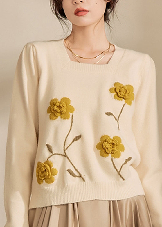Light Yellow Square Collar Cotton Knit Sweaters Spring