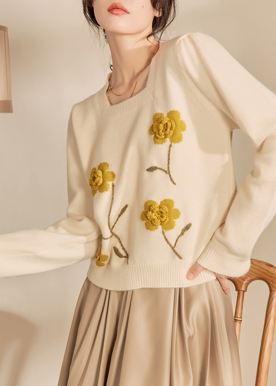 Light Yellow Square Collar Cotton Knit Sweaters Spring