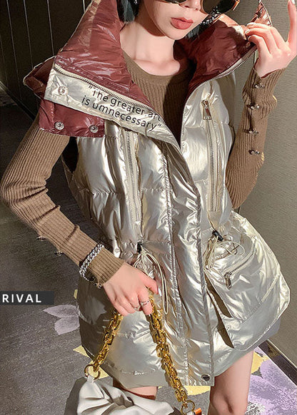 Light Gold U Neck Drawstring Bow Winter Sleeveless Puffer Vest