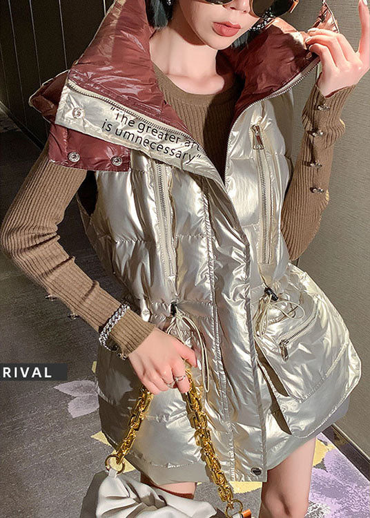 Light Gold U Neck Drawstring Bow Winter Sleeveless Puffer Vest