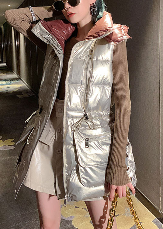 Light Gold U Neck Drawstring Bow Winter Sleeveless Puffer Vest
