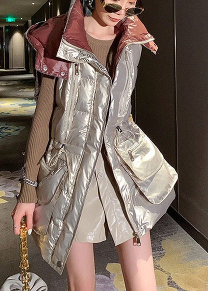 Light Gold U Neck Drawstring Bow Winter Sleeveless Puffer Vest