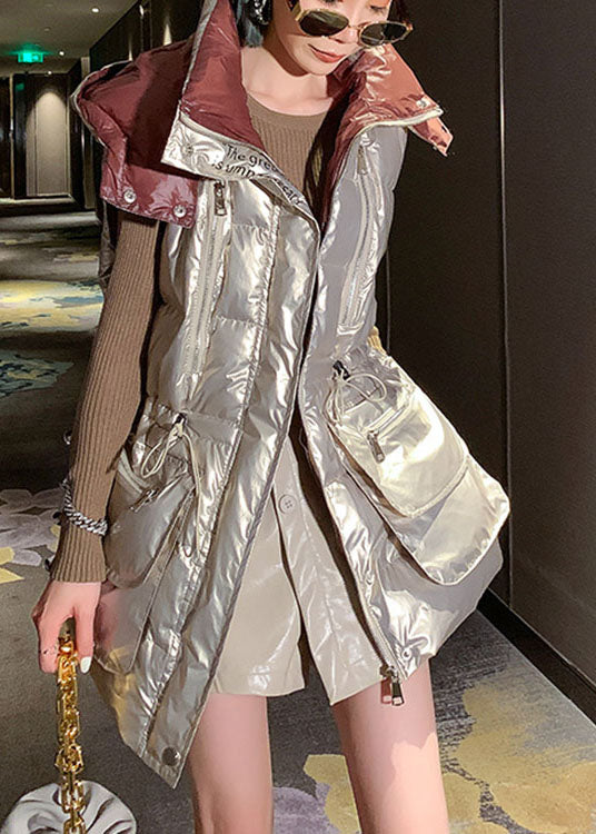 Light Gold U Neck Drawstring Bow Winter Sleeveless Puffer Vest