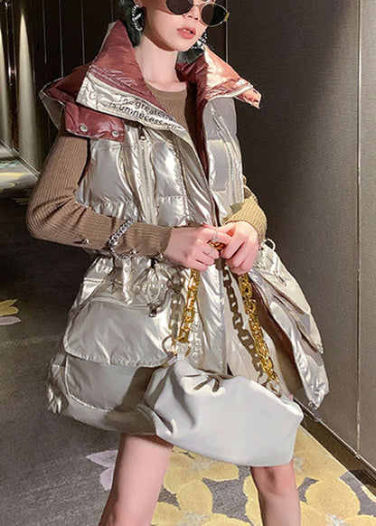 Light Gold U Neck Drawstring Bow Winter Sleeveless Puffer Vest