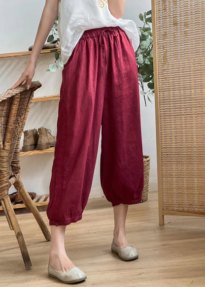 Linen Color Hollow Out Pockets Elastic Waist Harem Pants Summer