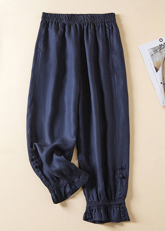 Linen Lace Button Elastic Waist Harem Pants Summer