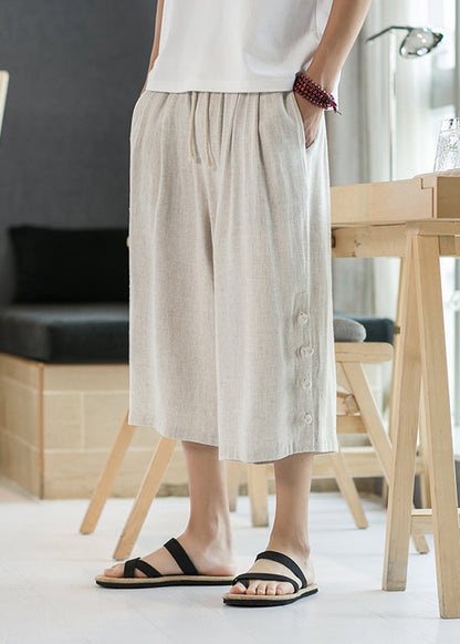 Linen Pockets Button Elastic Waist Cotton Crop Pants Summer