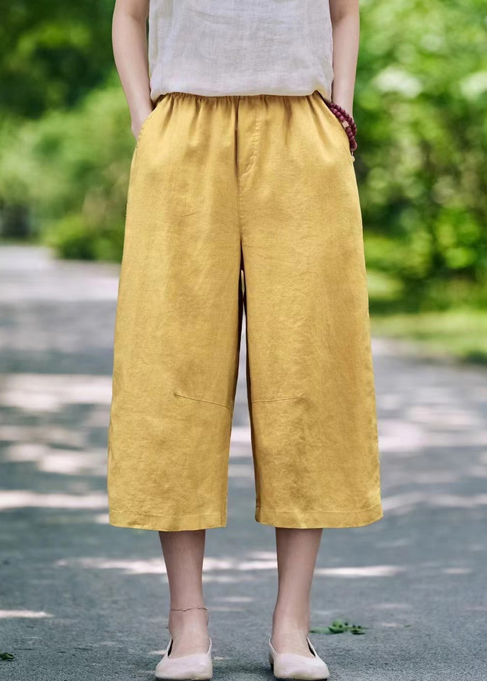 Linen Pockets Elastic Waist Linen Crop Pants Summer