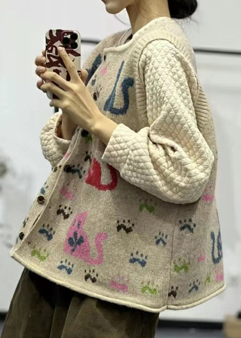Loose Apricot O Neck Button Animal Print Knit Vest Sleeveless