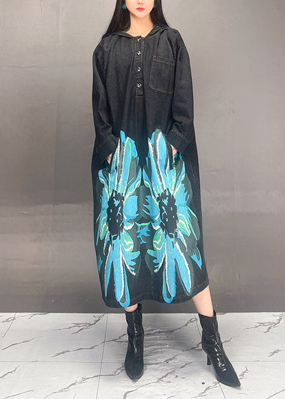 Loose Black Hooded Print Denim Long Dress Fall